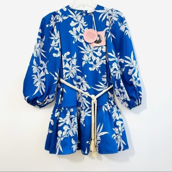Alexis Blue Mini Dress XXS Floral Print Rope Belt Swing Long Sleeve Satin New - Picture 5 of 15